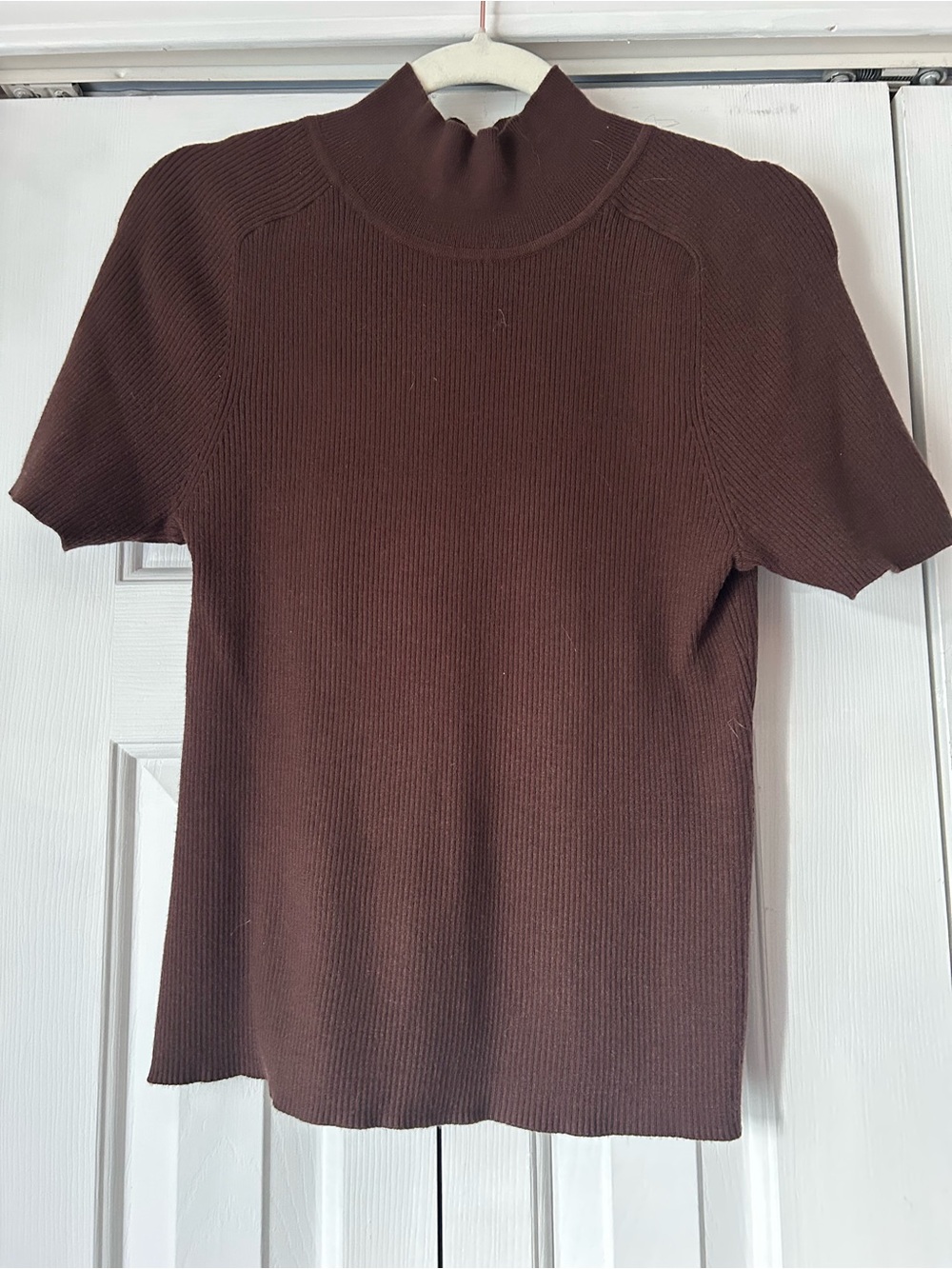 Women's Brown Short-Sleeve Mock Neck Ribbed Top
